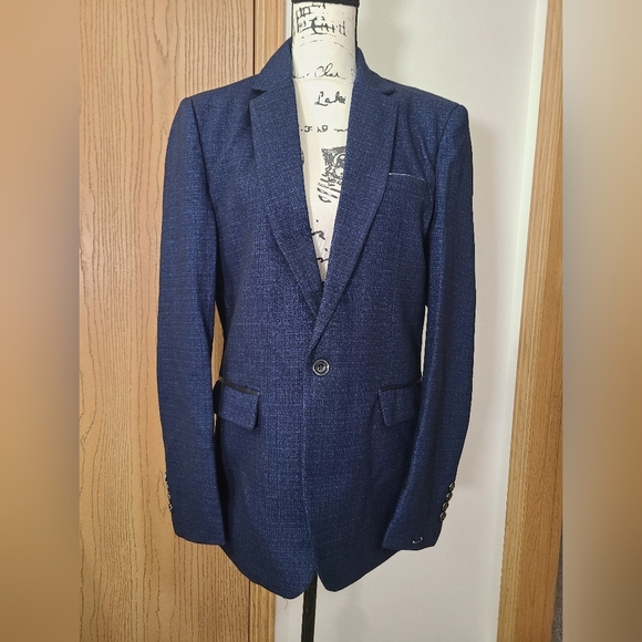 New Blue Black Tweed Print Textured Suit Jacket - Picture 1 of 2